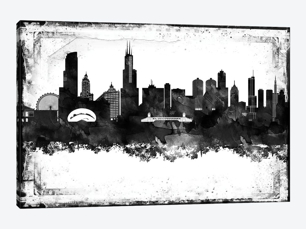 Chicago Black And White Framed Skylines by WallDecorAddict 1-piece Canvas Art