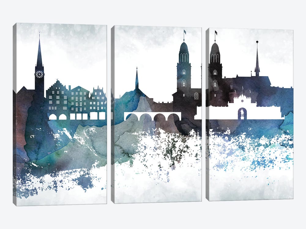 Zurich Bluish Skyline by WallDecorAddict 3-piece Canvas Artwork