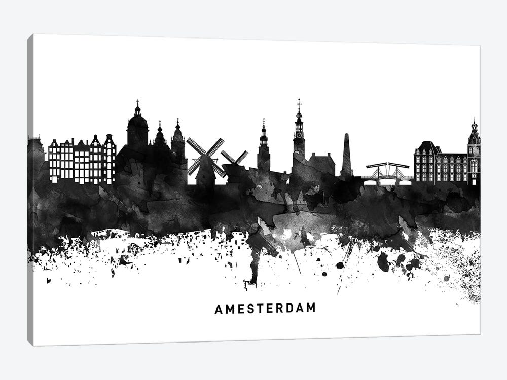 Amsterdam Skyline Black & White by WallDecorAddict 1-piece Canvas Artwork