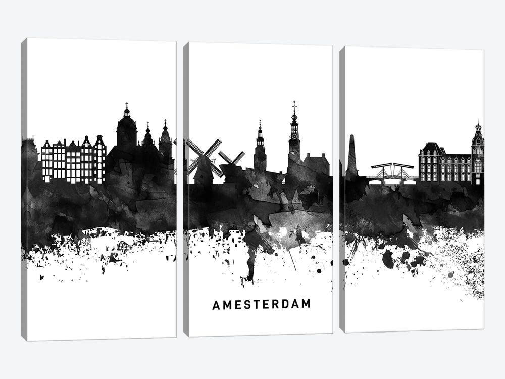 Amsterdam Skyline Black & White by WallDecorAddict 3-piece Canvas Artwork