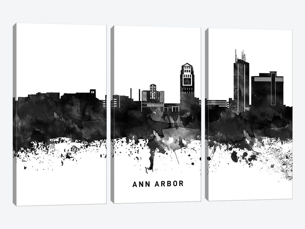 Ann Arbor Skyline Black & White by WallDecorAddict 3-piece Canvas Art Print
