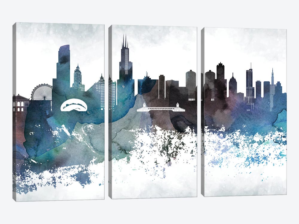 Chicago Bluish Skylines by WallDecorAddict 3-piece Canvas Print