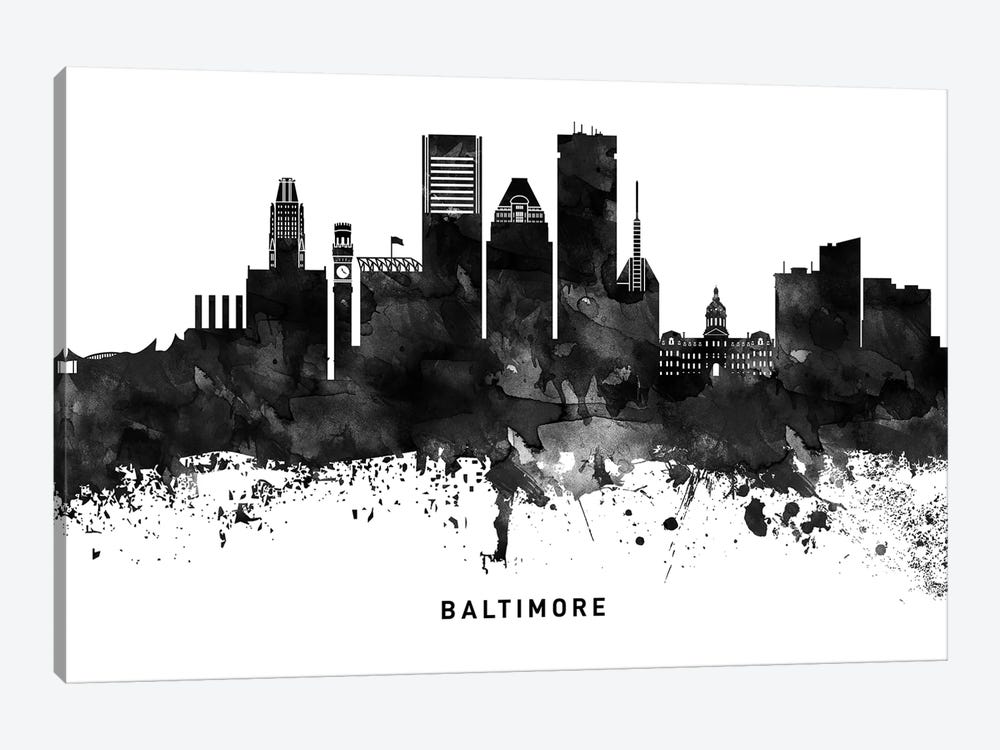 Baltimore Skyline Black & White by WallDecorAddict 1-piece Canvas Artwork