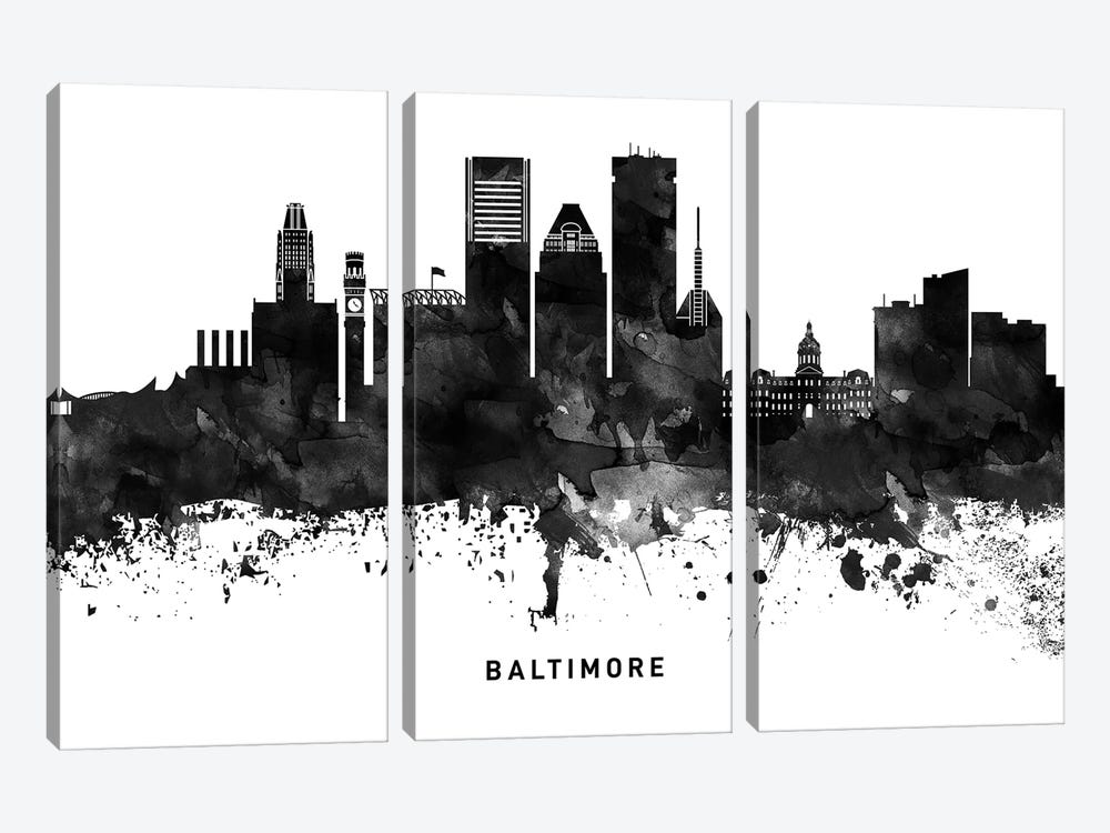 Baltimore Skyline Black & White by WallDecorAddict 3-piece Canvas Artwork