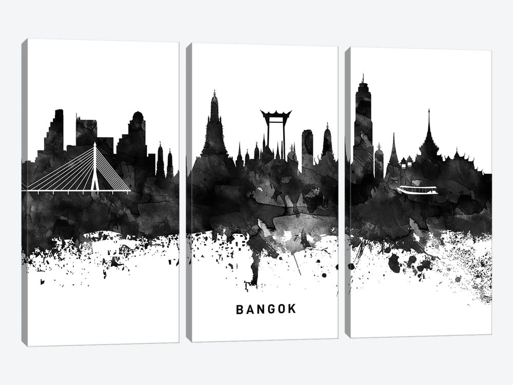 Bangkok Skyline Black & White by WallDecorAddict 3-piece Canvas Print
