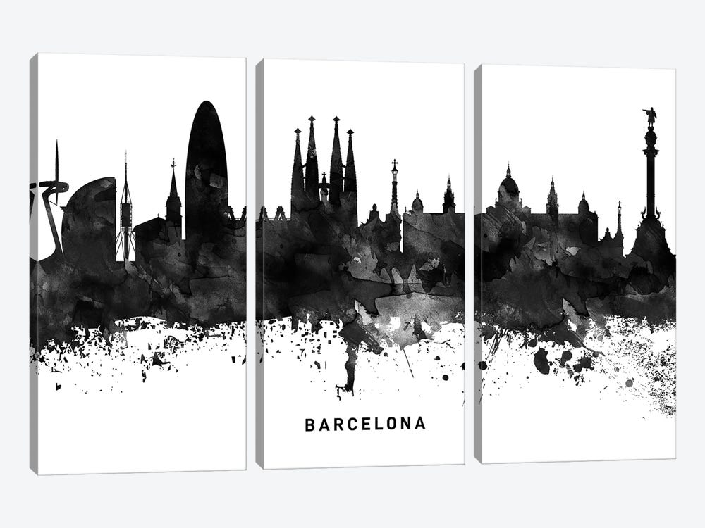 Barcelona Skyline Black & White by WallDecorAddict 3-piece Canvas Art