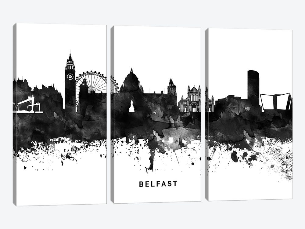 Belfast Skyline Black & White by WallDecorAddict 3-piece Canvas Art