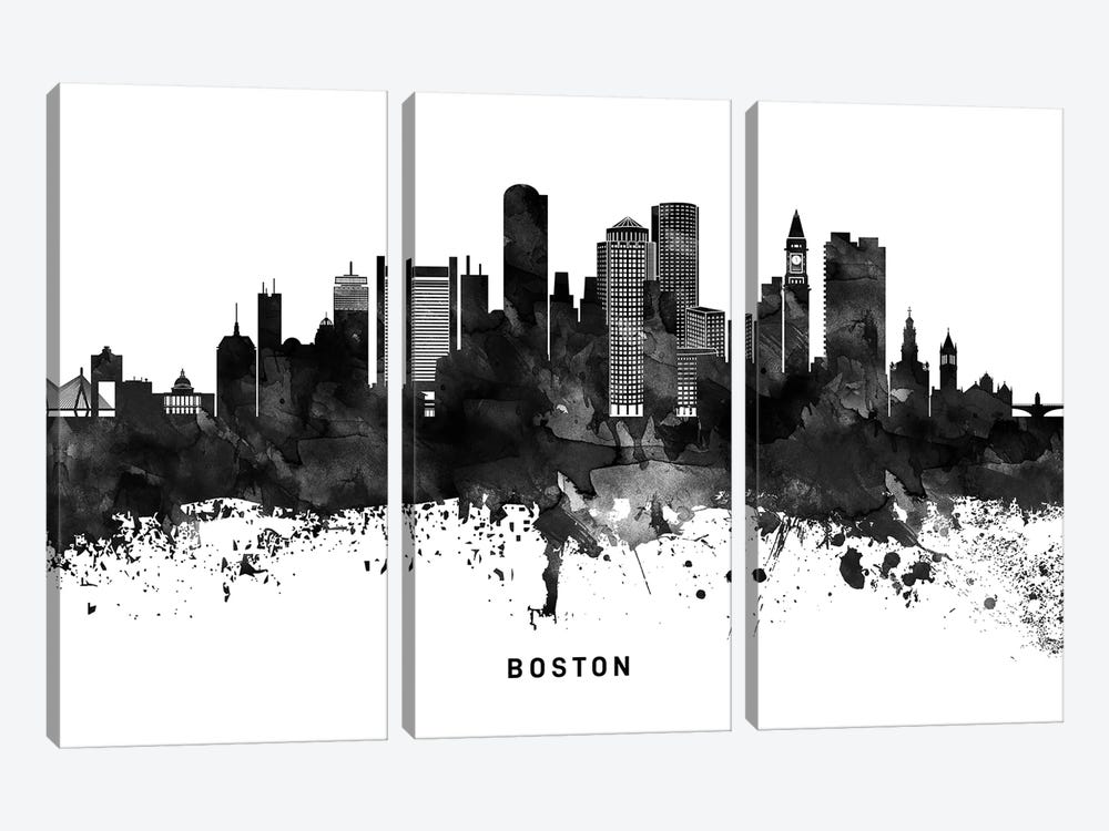 Boston Skyline Black & White by WallDecorAddict 3-piece Canvas Art Print