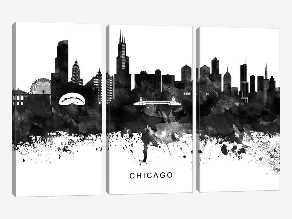 Chicago Skyline Black & White by WallDecorAddict 3-piece Canvas Art Print