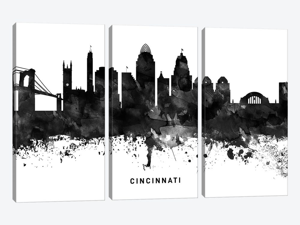 Cincinnati Skyline Black & White by WallDecorAddict 3-piece Canvas Wall Art