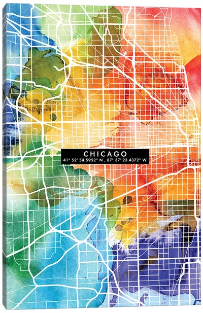 Chicago City Map Colorful Canvas Art Print - Chicago Maps