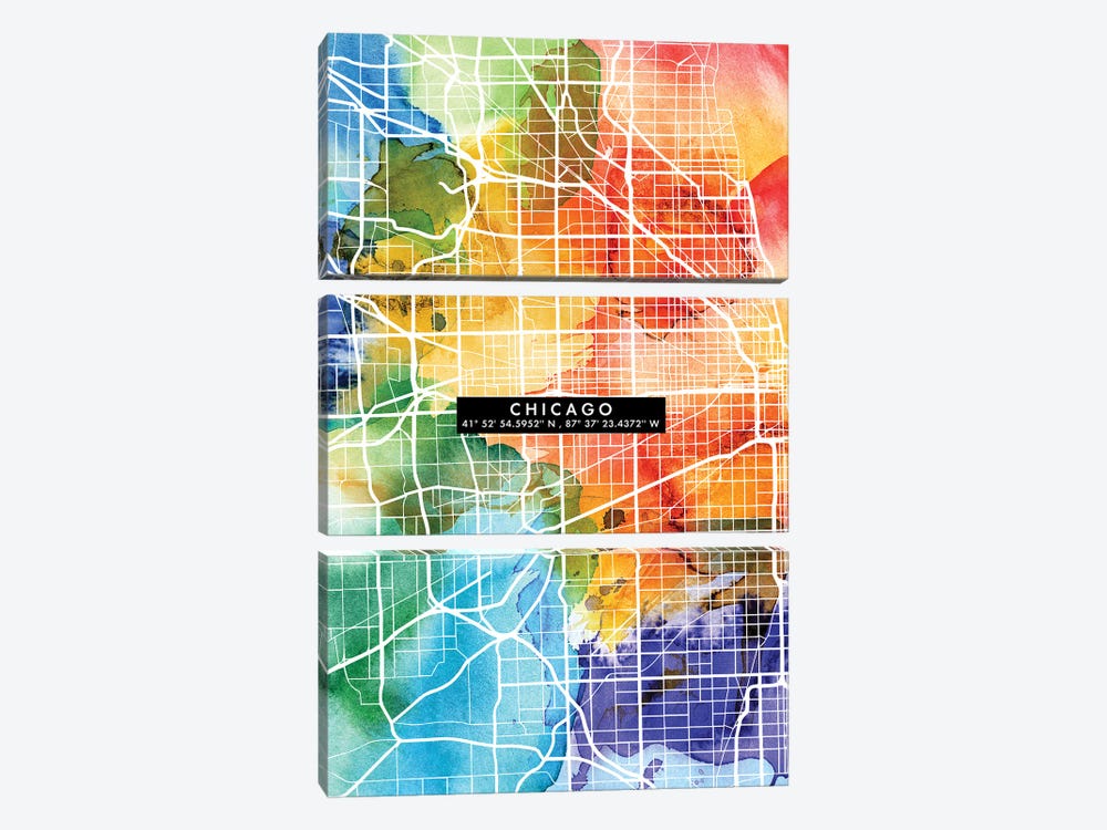 Chicago City Map Colorful by WallDecorAddict 3-piece Canvas Print
