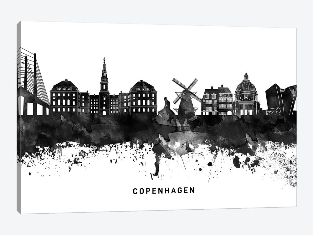Copenhagen Skyline Black & White by WallDecorAddict 1-piece Canvas Art Print