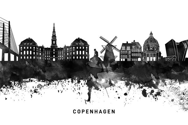 Black & White Digital Art: Copenhagen Skyline Black & White by WallDecorAddict