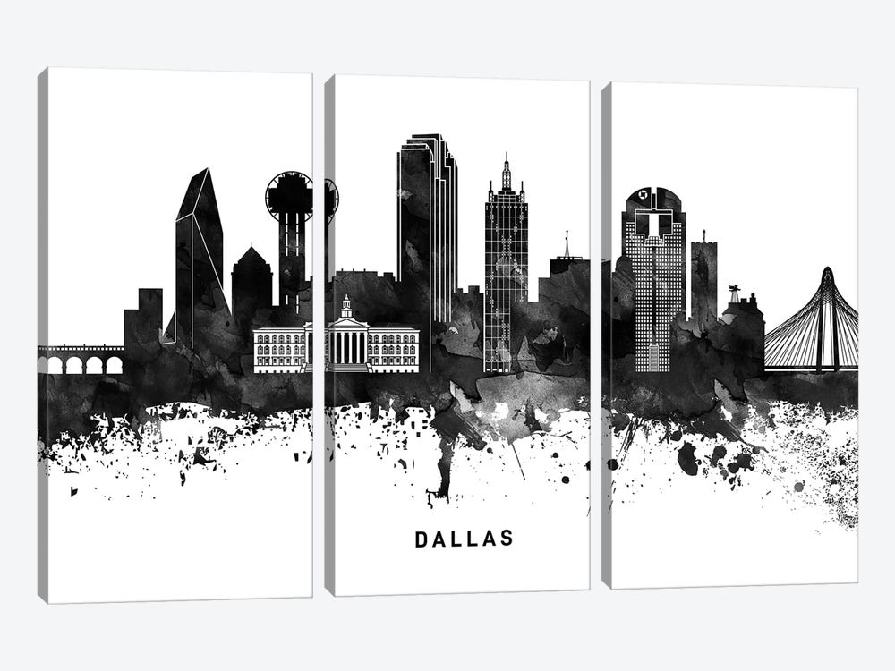 Dallas Skyline Black & White by WallDecorAddict 3-piece Canvas Artwork