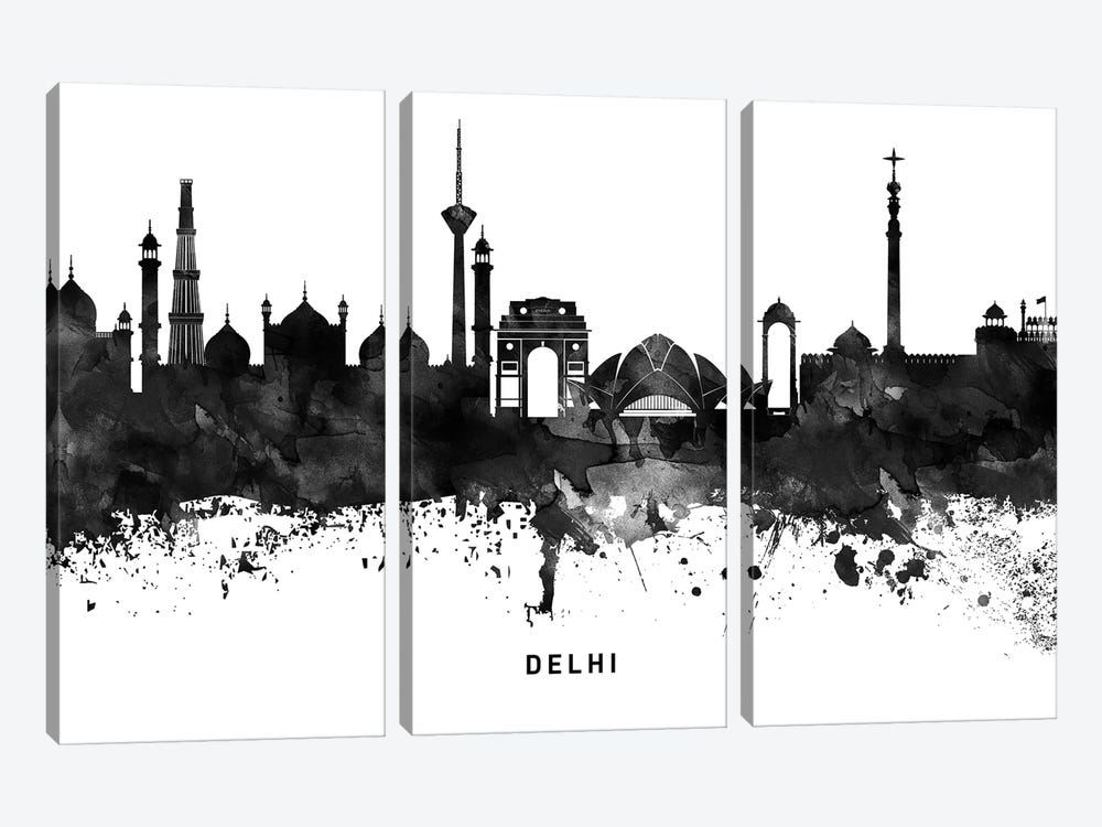 Delhi Skyline Black & White by WallDecorAddict 3-piece Canvas Print