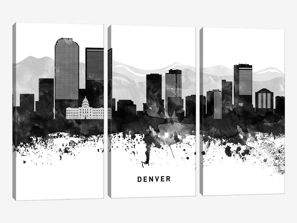 Denver Skyline Black & White by WallDecorAddict 3-piece Canvas Artwork