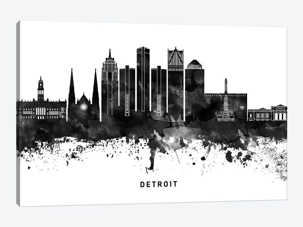 Detroit Skyline Black & White by WallDecorAddict 1-piece Canvas Print