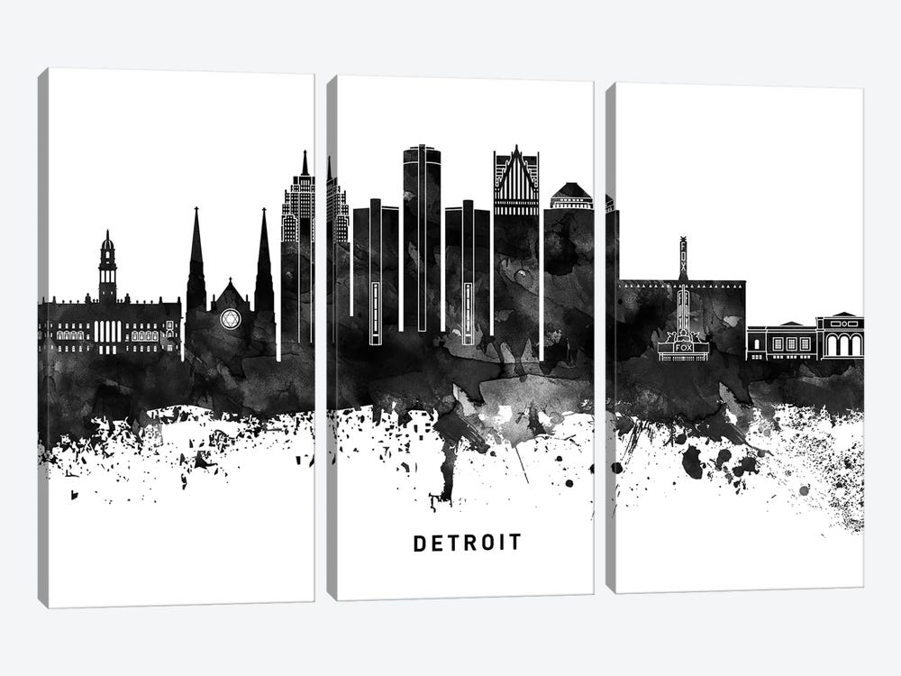 Detroit Skyline Black & White by WallDecorAddict 3-piece Art Print