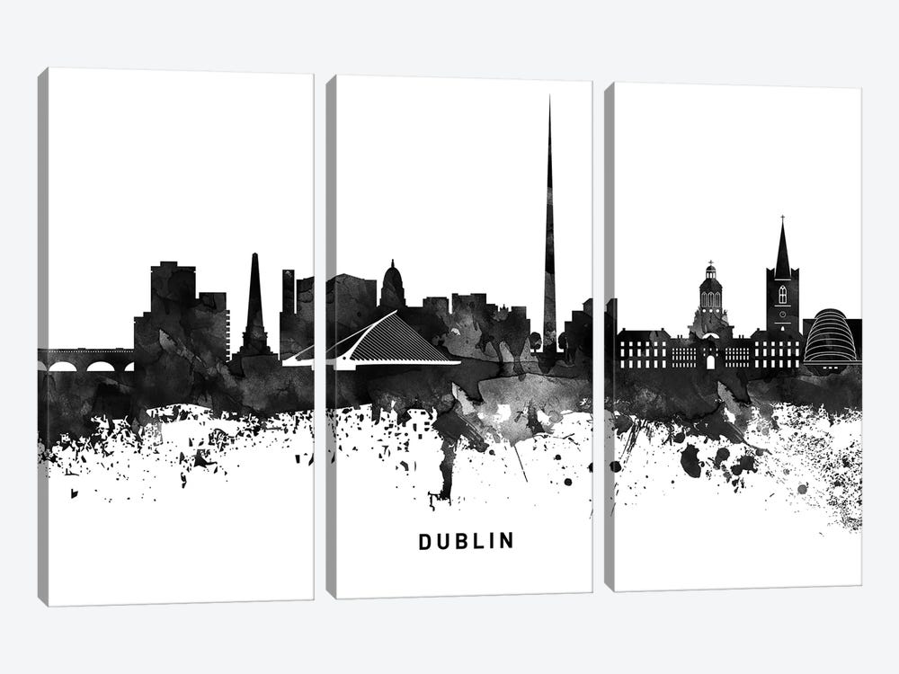 Dublin Skyline Black & White by WallDecorAddict 3-piece Canvas Art Print
