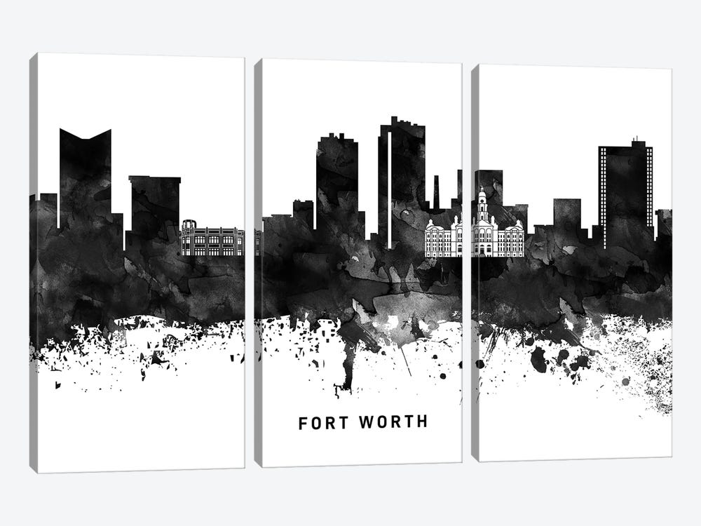 Fort Worth Skyline Black & White by WallDecorAddict 3-piece Canvas Art