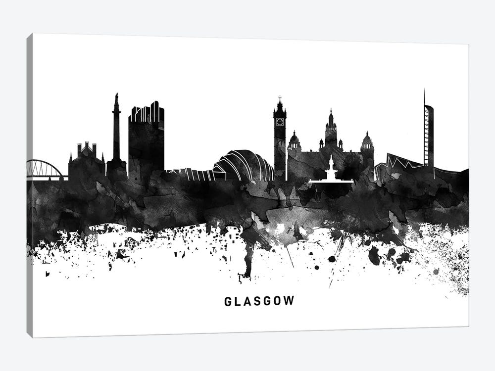 Glasgow Skyline Black & White by WallDecorAddict 1-piece Canvas Wall Art