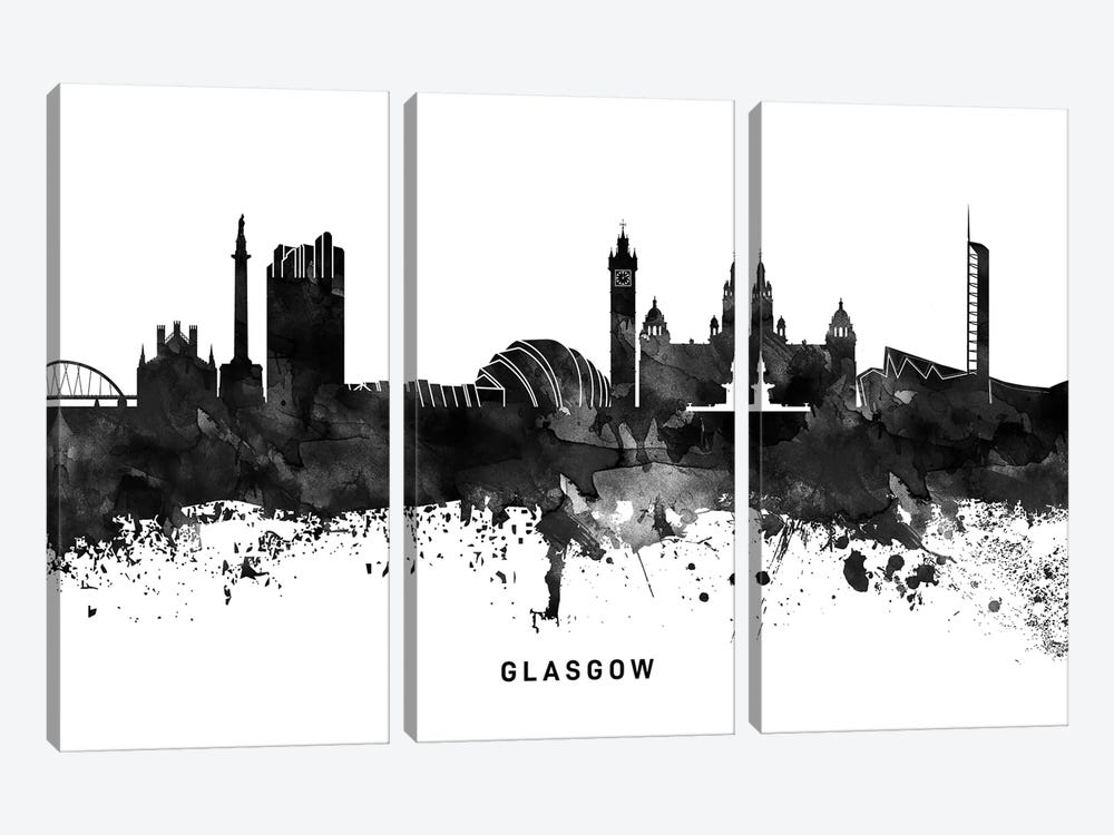 Glasgow Skyline Black & White by WallDecorAddict 3-piece Canvas Artwork