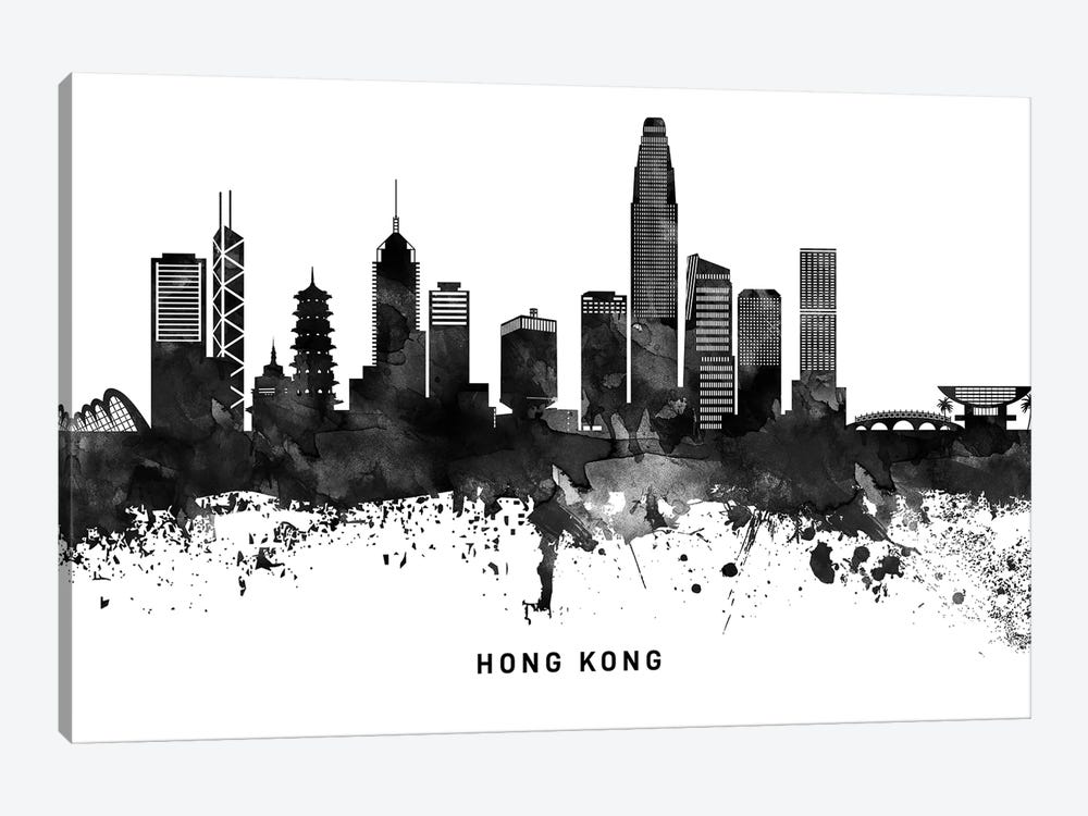 Hong Kong Skyline Black & White by WallDecorAddict 1-piece Canvas Art Print