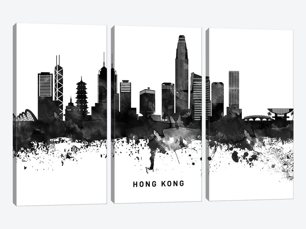 Hong Kong Skyline Black & White by WallDecorAddict 3-piece Canvas Print