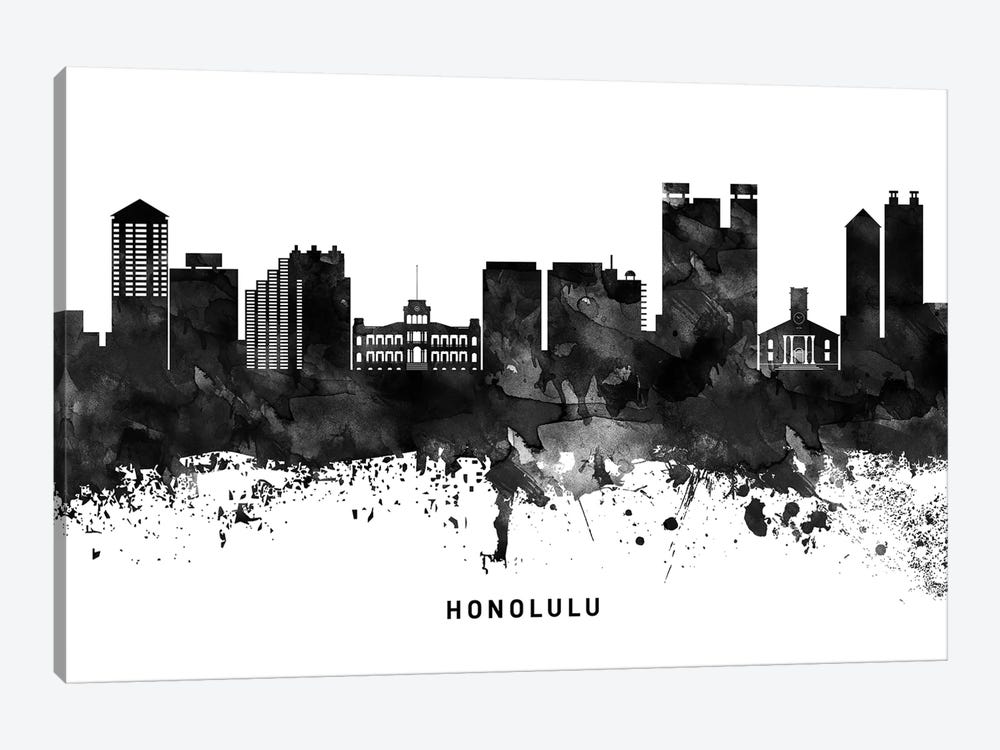 Honolulu Skyline Black & White by WallDecorAddict 1-piece Canvas Art