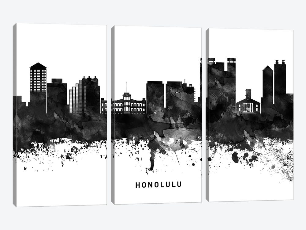 Honolulu Skyline Black & White by WallDecorAddict 3-piece Canvas Artwork