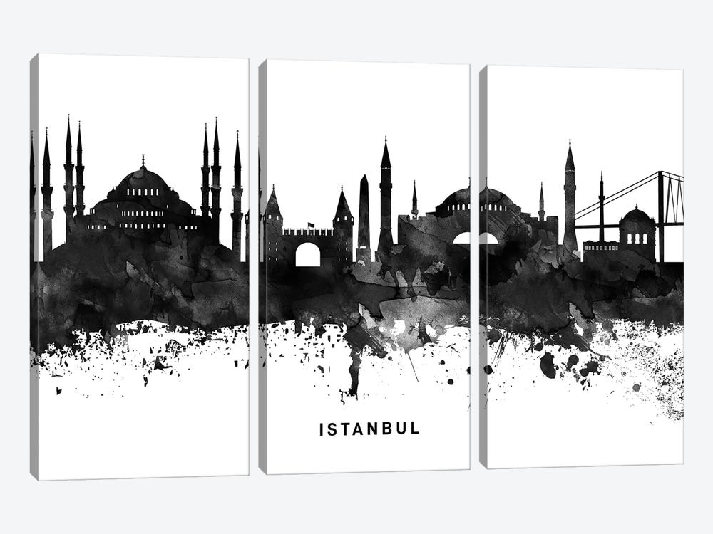 Istanbul Skyline Black & White by WallDecorAddict 3-piece Canvas Print