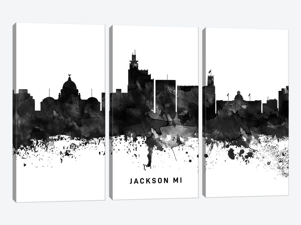 Jackson Mi Skyline Black & White by WallDecorAddict 3-piece Canvas Artwork