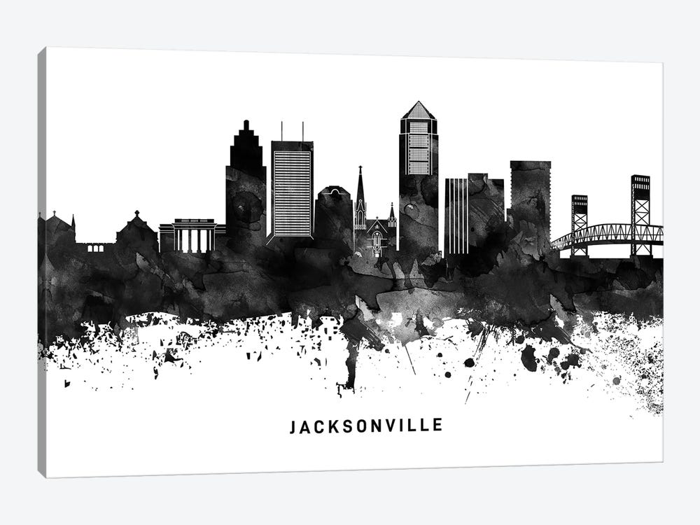 Jacksonville Skyline Black & White by WallDecorAddict 1-piece Canvas Print