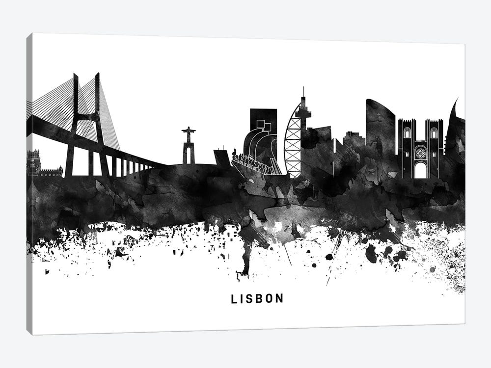 Lisbon Skyline Black & White by WallDecorAddict 1-piece Canvas Artwork