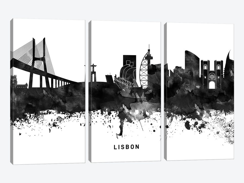 Lisbon Skyline Black & White by WallDecorAddict 3-piece Canvas Wall Art