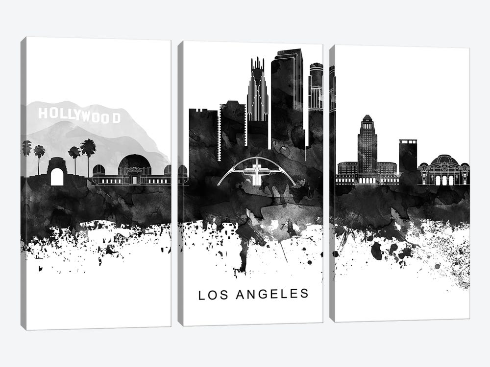 Los Angeles Skyline Black & White by WallDecorAddict 3-piece Canvas Print