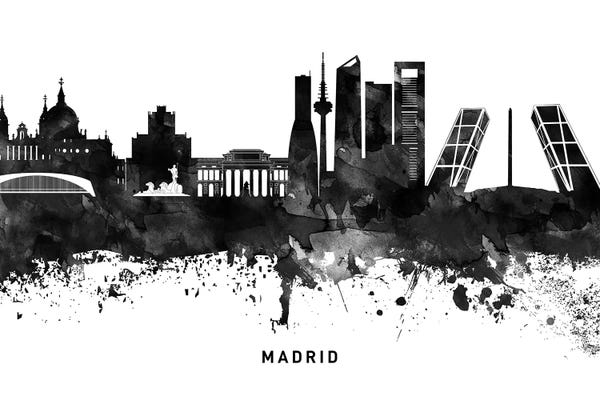 Community Of Madrid: Madrid Skyline Black & White by WallDecorAddict