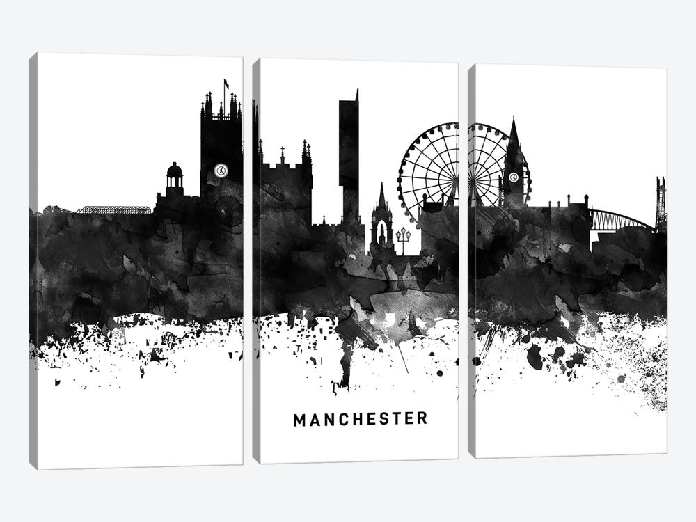 Manchester Skyline Black & White by WallDecorAddict 3-piece Canvas Print