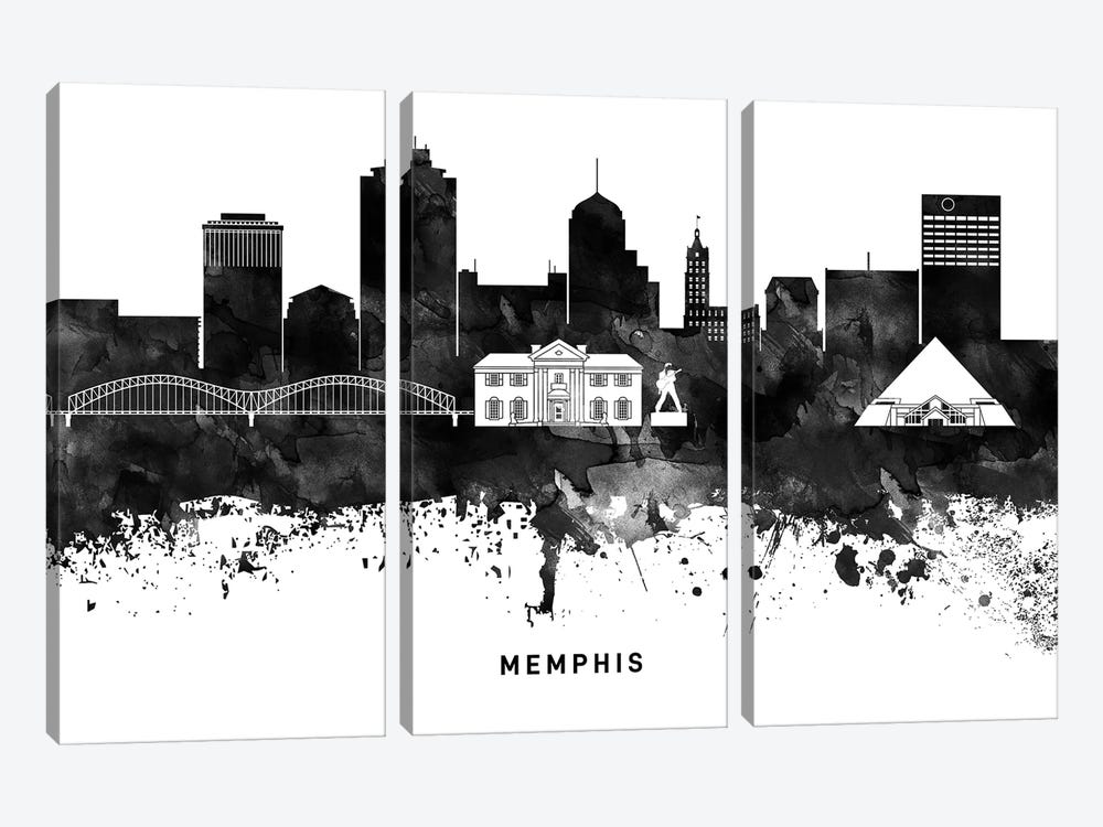 Memphis Skyline Black & White by WallDecorAddict 3-piece Canvas Art
