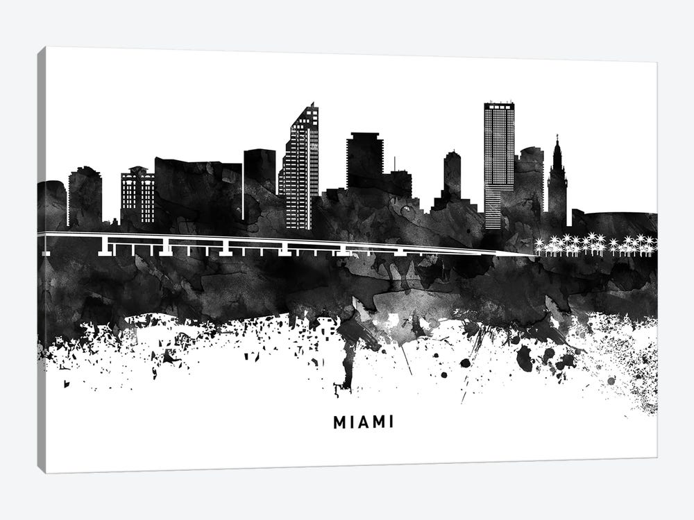 Miami Skyline Black & White by WallDecorAddict 1-piece Canvas Artwork