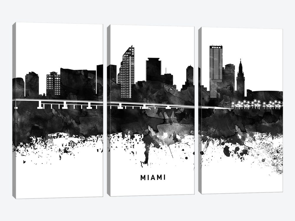 Miami Skyline Black & White by WallDecorAddict 3-piece Canvas Art