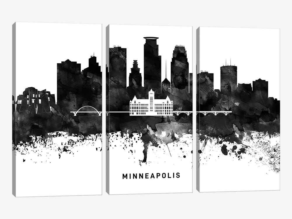 Minneapolis Skyline Black & White by WallDecorAddict 3-piece Canvas Wall Art