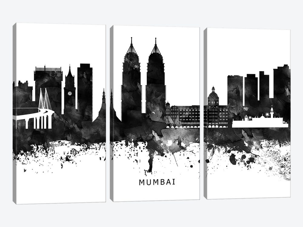 Mumbai Skyline Black & White by WallDecorAddict 3-piece Canvas Print