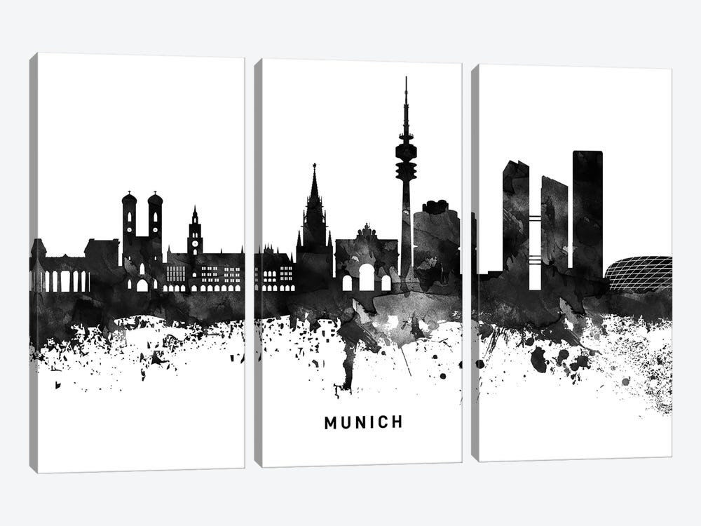 Munich Skyline Black & White by WallDecorAddict 3-piece Canvas Artwork