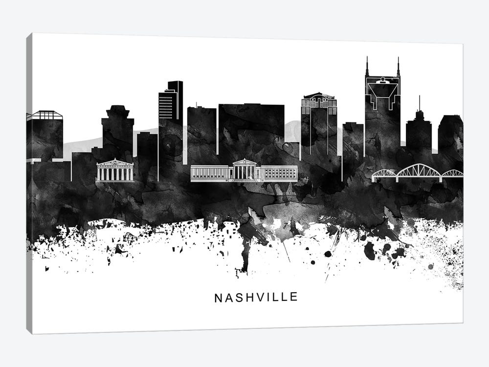 Nashville Skyline Black & White by WallDecorAddict 1-piece Canvas Art