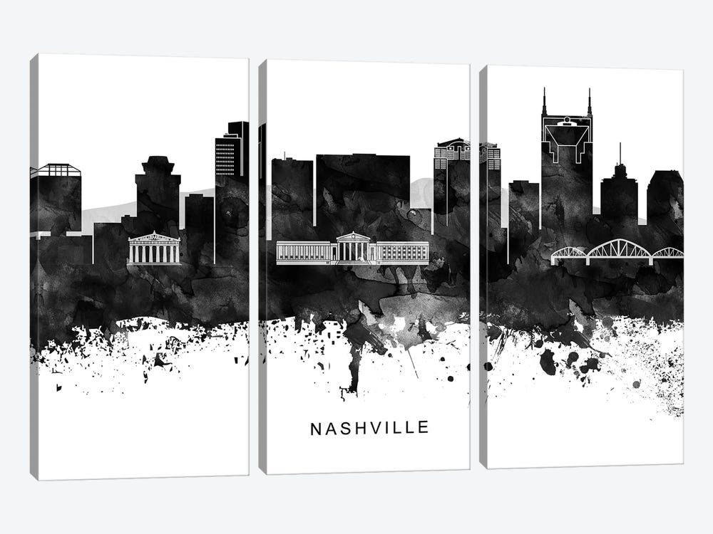 Nashville Skyline Black & White by WallDecorAddict 3-piece Canvas Art