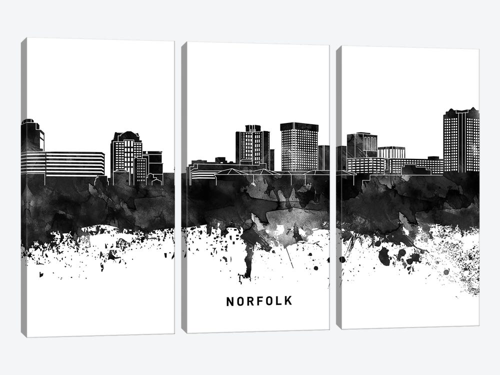 Norfolk Skyline Black & White by WallDecorAddict 3-piece Canvas Art Print