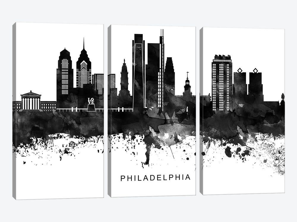 Philadelphia Skyline Black & White by WallDecorAddict 3-piece Canvas Print