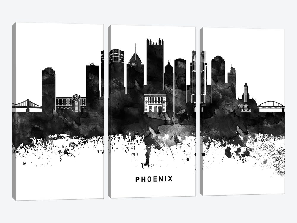 Phoenix Skyline Black & White by WallDecorAddict 3-piece Canvas Art